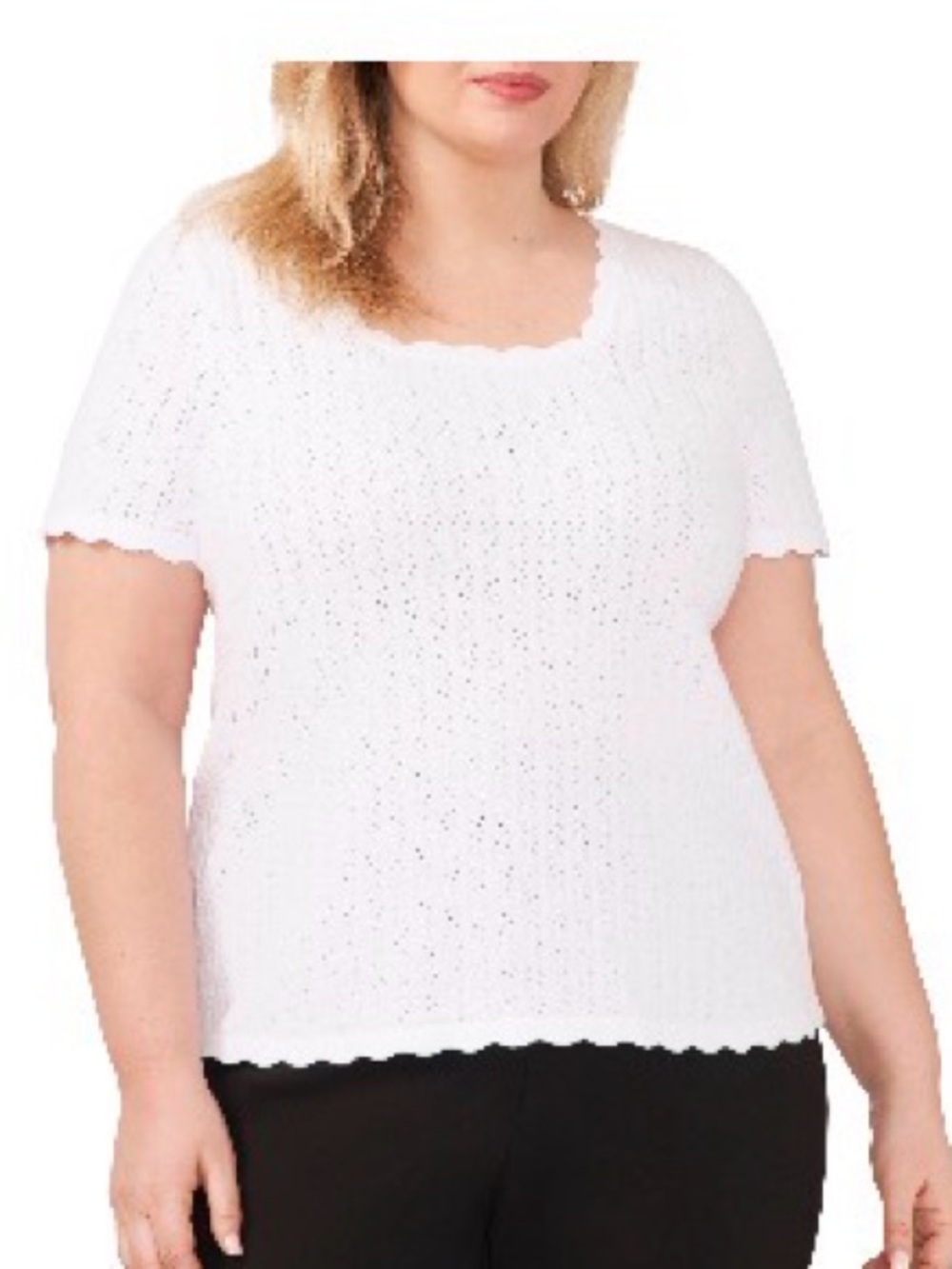 Halogen Pointelle Short Sleeve Top White 3X Scoop neck Sweater